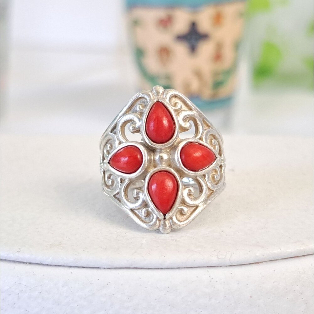 Vintage Coral Cluster Southwestern Filigree Sterling Ring by Artist Carolyn Poll - Picture 2 of 15